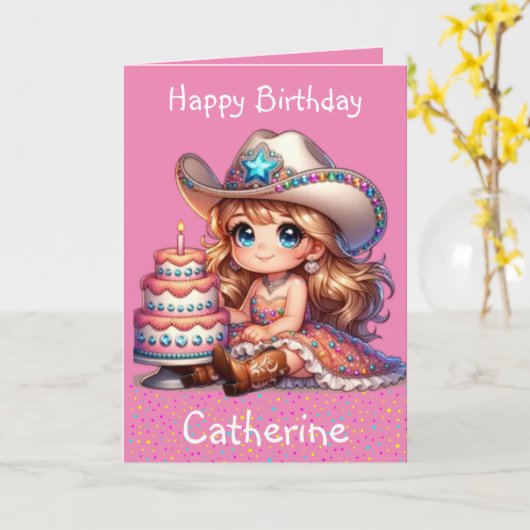 Westerne kleine cowgirl eerste verjaardag custom kaart (Gele Bloem)