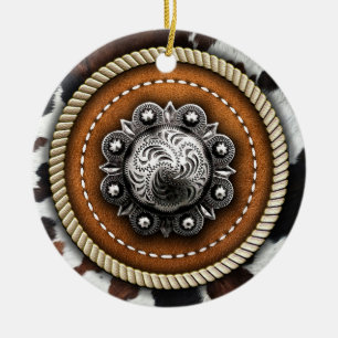 Westerne Koe Print Touw en Rustieke Lederen Concho Keramisch Ornament