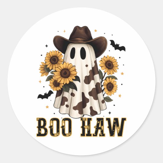 Westerne Koe Spot Spooky Ghost Boo Haw Ronde Sticker (Voorkant)