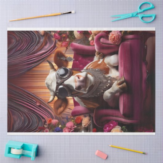 Westerne Koe Zittend Roze Stoel Decoupage Tissuepapier (Craft)