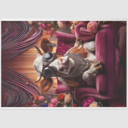 Westerne Koe Zittend Roze Stoel Decoupage Tissuepapier (Voorkant)