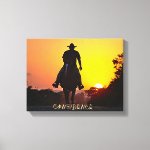 Westerne kunst - cowboy op zonsondergang canvas afdruk