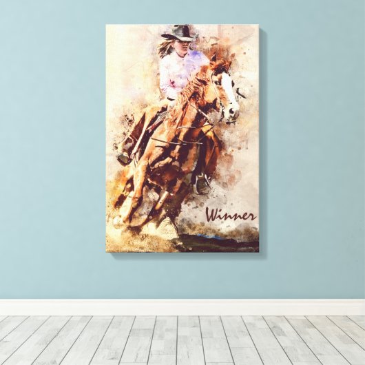 Westerne kunst, Cowgirl Horse, Rodeo Winner Canvas Afdruk (Insitu (Houten vloer))