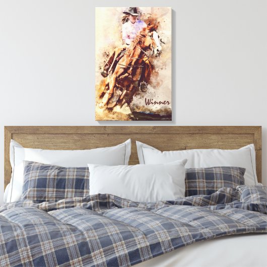 Westerne kunst, Cowgirl Horse, Rodeo Winner Canvas Afdruk (Insitu (Slaapkamer))