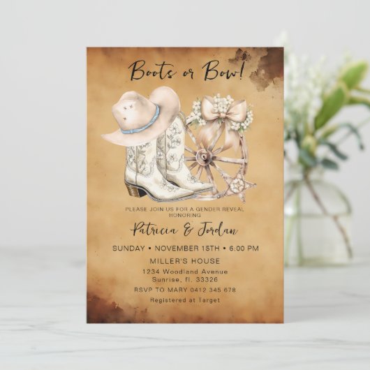  Westerne laarzen of Bow Gender Reveal Kaart (Staand voorkant)