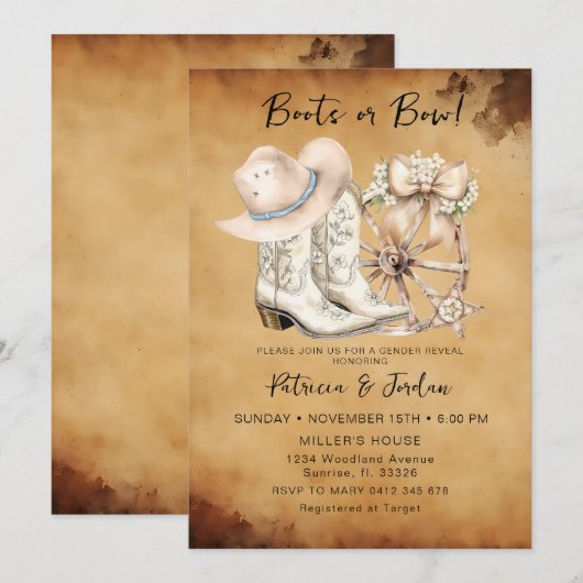  Westerne laarzen of Bow Gender Reveal Kaart (Voorkant / Achterkant)