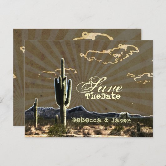 westerne land cactus bruiloft save the date aankondigingskaart (Voorkant / Achterkant)