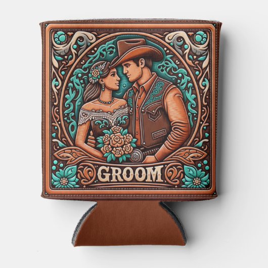 Westerne lederen print bruiloft bruidegom aangepas blikjeskoeler (Voorkant)