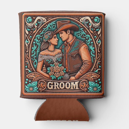 Westerne lederen print bruiloft bruidegom aangepas blikjeskoeler (Achterkant)