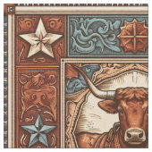Westerne Lederen Print Bruin Turquoise met Steer Stof (Close Up)