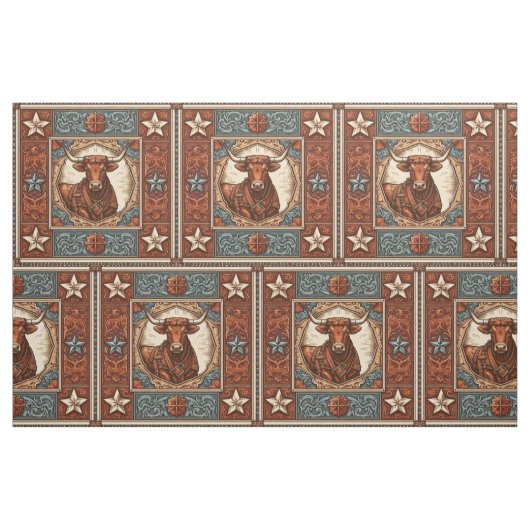 Westerne Lederen Print Bruin Turquoise met Steer Stof (Fat Quarter)
