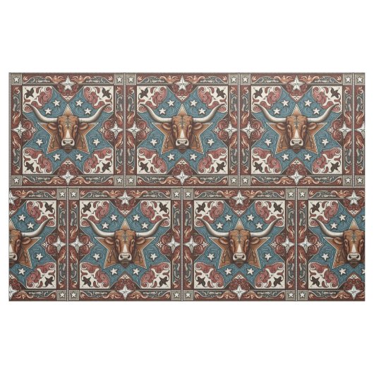 Westerne Lederen Print Bruin Turquoise met Steer Stof (Fat Quarter)