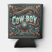 Westerne lederen print turquoise bruine cowboy blikjeskoeler (Voorkant)