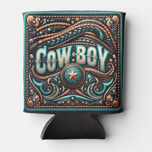 Westerne lederen print turquoise bruine cowboy blikjeskoeler (Voorkant)