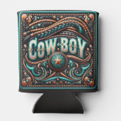 Westerne lederen print turquoise bruine cowboy blikjeskoeler (Achterkant)