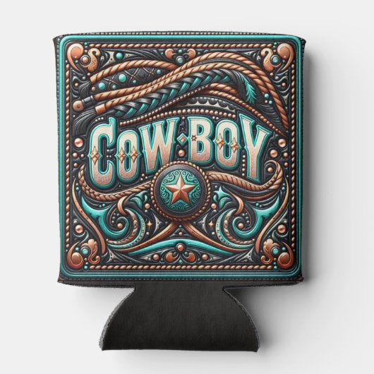 Westerne lederen print turquoise bruine cowboy blikjeskoeler (Achterkant)
