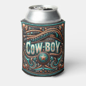 Westerne lederen print turquoise bruine cowboy blikjeskoeler (Blikje Achterkant)