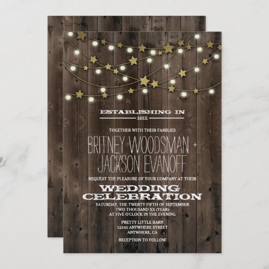 Westerne Lichten Sterren Schuur Hout Bruiloft Uitn Kaart (Voorkant / Achterkant)