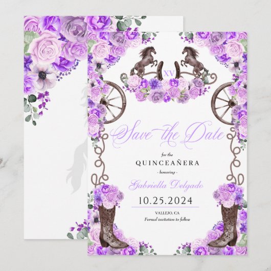 Westerne Lila Charro Bewaar de datum Quinceañera Kaart (Voorkant / Achterkant)