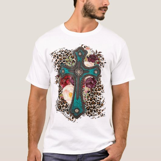 Westerne Lopard Flowers Cross Christelijk Cowgirl T-shirt (Voorkant)