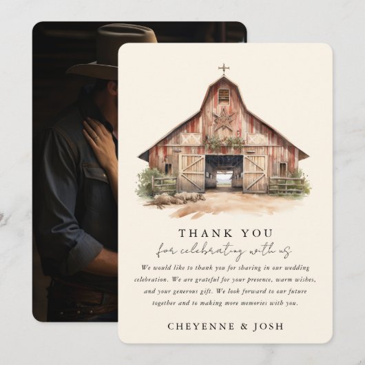 Westerne moderne rustieke trouwfoto dank u bedankkaart (Voorkant / Achterkant)
