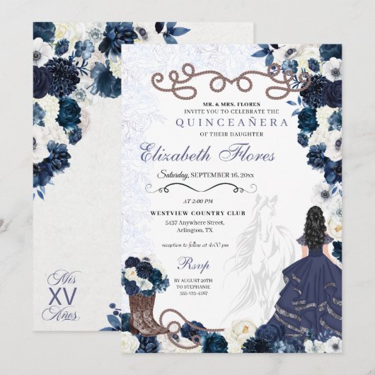 Westerne Navy Blue Princess Charra Quinceañera Kaart (Voorkant / Achterkant)