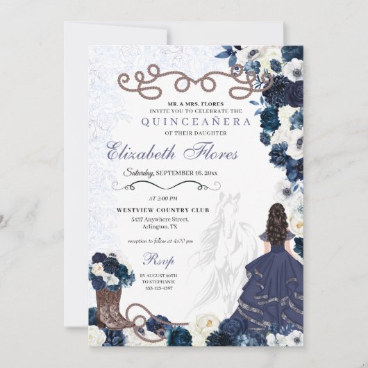 Westerne Navy Blue Princess Charra Quinceañera Kaart (Voorkant)