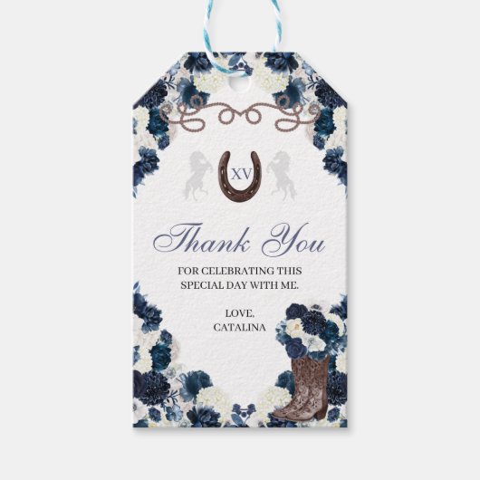Westerne Navy Blue Ranchero Quinceanera Gift Label Cadeaulabel (Voorkant)