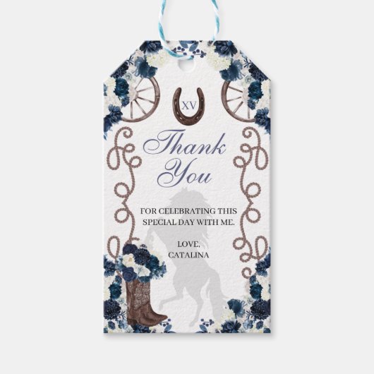 Westerne Navy Blue Ranchero Quinceanera Gift Label Cadeaulabel (Voorkant)