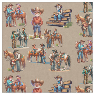 Westerne Opa Cowboy Met Kinderen en Paarden Stof