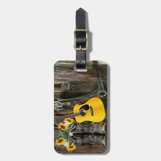 Westerne paarse cowboylaarzen gitaarzonnebloemen bagagelabel (Voorkant verticaal)