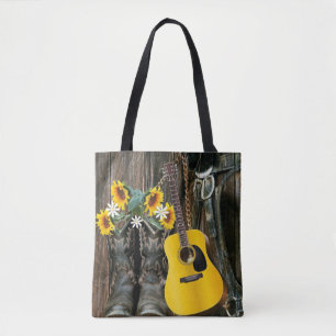 Westerne paarse cowboylaarzen gitaarzonnebloemen tote bag