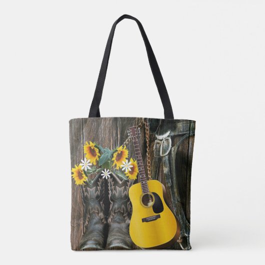 Westerne paarse cowboylaarzen gitaarzonnebloemen tote bag (Achterkant)