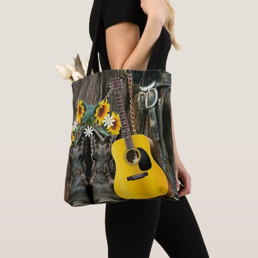 Westerne paarse cowboylaarzen gitaarzonnebloemen tote bag (Dichtbij)