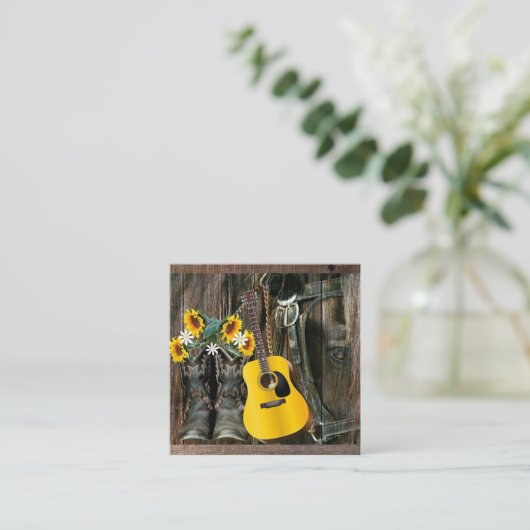 Westerne paarse cowboylaarzen gitaarzonnebloemen vierkante visitekaartje (Staand voorkant)