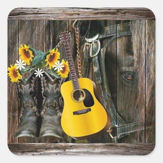 Westerne paarse cowboylaarzen Guitar Sunflower Squ Vierkante Sticker (Voorkant)