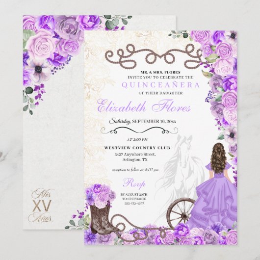 Westerne Paarse prinses Floral Charra Quinceañera Kaart (Voorkant / Achterkant)