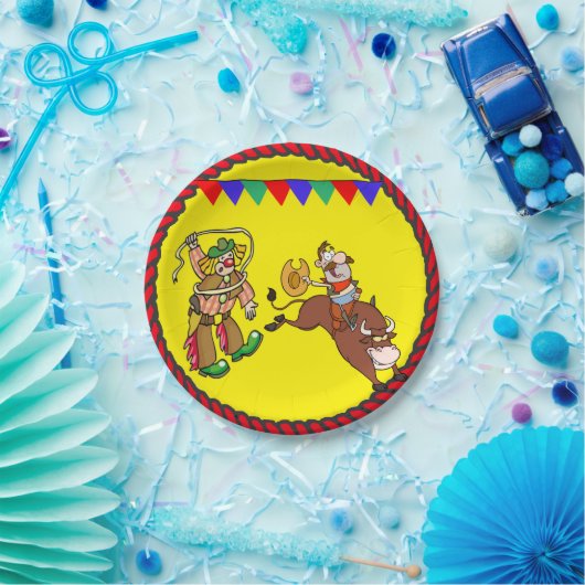 Westerne partij Bull Rider en Rodeo Clown Papieren Bordje (Feest)