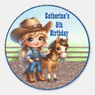 Westerne partij kleine cowgirl met paard douane ronde sticker