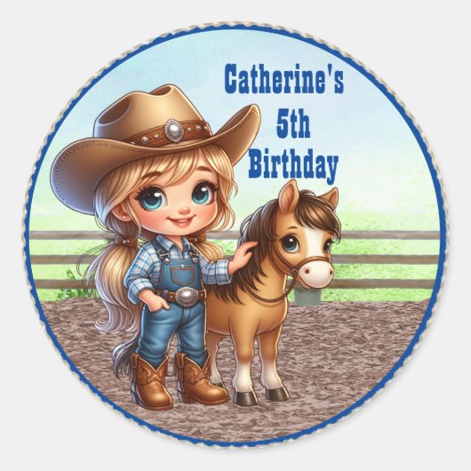 Westerne partij kleine cowgirl met paard douane ronde sticker (Voorkant)