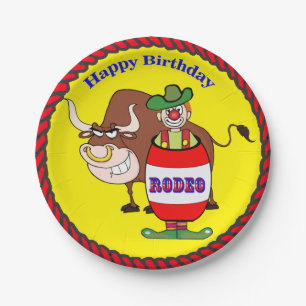 Westerne Partij Rodeo Clown en Bull Happy Birthday Papieren Bordje