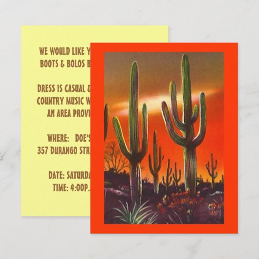 WESTERNE PARTIJINVITATIE SW SUNSET SAGUARO CACTUS KAART (Voorkant / Achterkant)