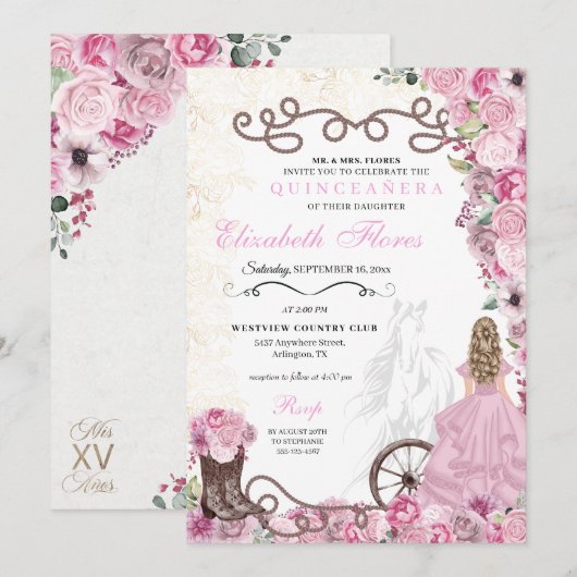 Westerne Pink Princess Floral Charra Quinceañera Kaart (Voorkant / Achterkant)
