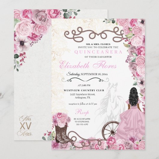 Westerne Pink Princess Floral Charra Quinceañera Kaart (Voorkant / Achterkant)