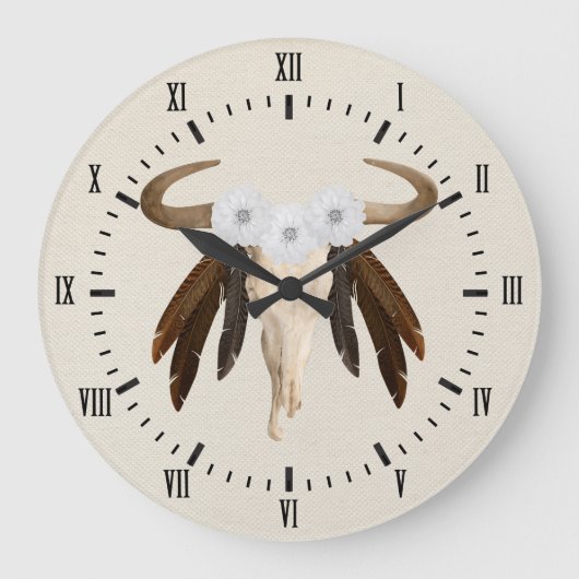 Westerne Prairie Floral Cow Skull Roman Numerals Grote Klok (Voorkant)