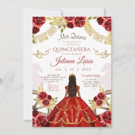Westerne Quinceañera Bloemen Rood Goud Charra Paar Kaart (Voorkant)