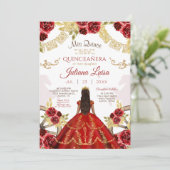 Westerne Quinceañera Bloemen Rood Goud Charra Paar Kaart (Staand voorkant)