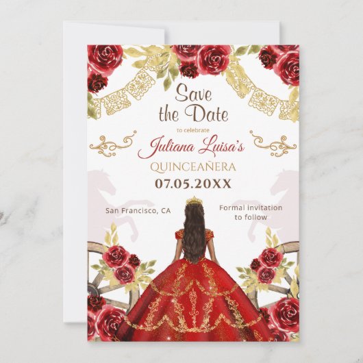 Westerne Quinceañera Bloemen Rood Goud Charra Paar Save The Date (Voorkant)