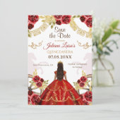 Westerne Quinceañera Bloemen Rood Goud Charra Paar Save The Date (Staand voorkant)