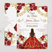 Westerne Quinceañera Bloemen Rood Goud Charra Paar Save The Date (Voorkant / Achterkant)